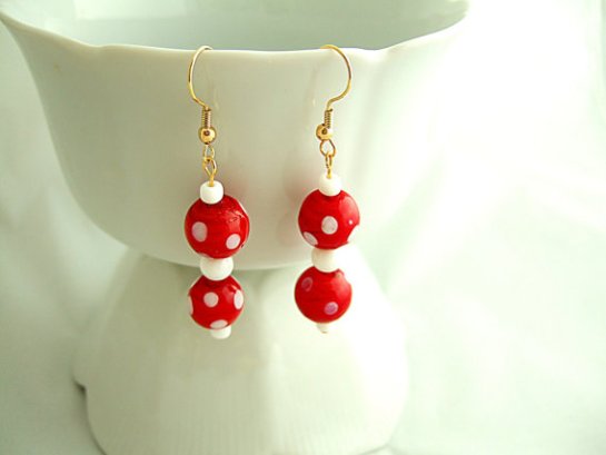 Red and White Polka Dot Earrings, Lamp Work Glass